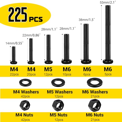 225pcs Screws and Nuts Assortment Kit,M4 M5 M6 Phillips Pan Head Assorted Nuts and Bolts,Washers Kit for Headboard, Wall Plate Switch, Receptacles Mounting Screws Black - size: B M4M5M6 225pcs