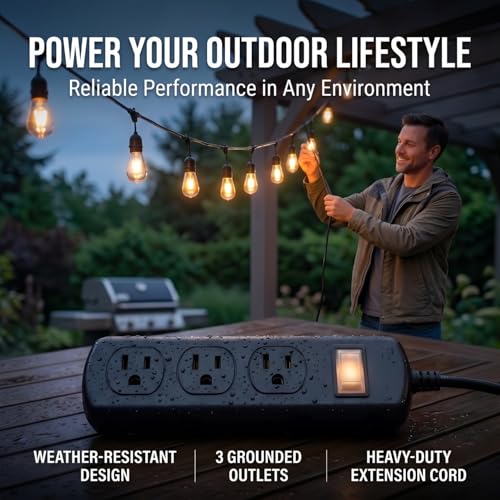 Outdoor Power Strip Weatherproof IPX6, Waterproof Surge Protector with 3 Wide-Spaced Outlets, Flat Plug Heavy Duty Extension Cord for Garden Patio Garage, Wall Mountable, 13A 1625W (Black, 6FT) - size: 6FT