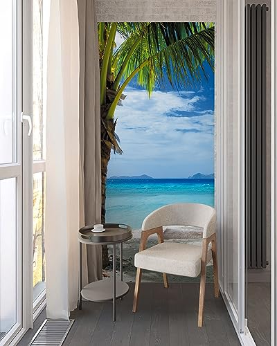 FLFK Door Mural Sticker - Beach and Palm Tree,Peel and Stick,Combined Size 32"x80",Split into 2 Pieces - color: Mt2219, size: 32"x80"
