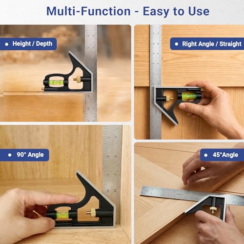 12 Inch Combination Square, Adjustable Carpenter Square with Stainless Steel Ruler and Aluminum Head, Metric and Inch Scale, Bubble Level and Scriber, 90 and 45 Degree Combo Layout Tool - size: 12-Inch
