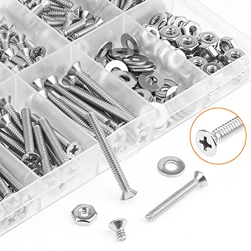 HELIFOUNER 240 Pieces #6-32 Phillips Countersunk Head Machine Screws Nuts Washers Assortment Kit, Coarse Thread, Fully Machine Threaded, 304 Stainless Steel - size: #6-32