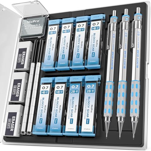 Nicpro Blocky Gear Mechanical Pencils 0.7 mm with Case, 3 Pack - style: 0.7mm
