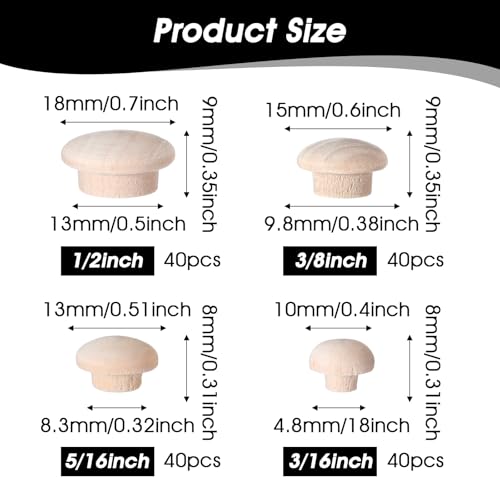 120 Pcs 4 Sizes Wood Plugs for Screw Holes, Wooden Hole Plugs Mushroom Head Shape 3/16, 5/16, 3/8, 1/2 Inch Button Hardwood Hole Stoppers Screw Covers Wood Caps for Gap in Locking Tube Furniture