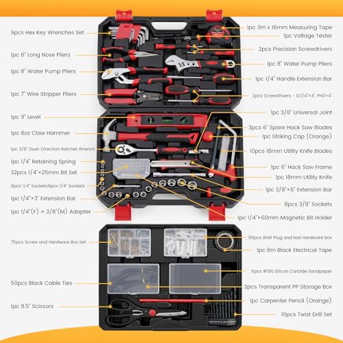 NEWBULIG 330-Piece Complete Tool Box Set, Durable Homeowners Tool Kit with Pull-Out Drawer, Versatile Home Repair Kit for Auto & Household, DIY Projects, Black-Red - color: Black Red, size: 16