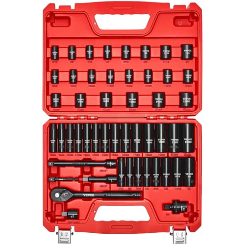 VEVOR 3/8" Drive Impact Socket Set, 50-Piece, Deep & Shallow Kit - size: 3/8" 50PCS