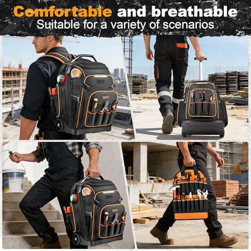 Tool Backpack, HVAC Tool Bag with Molded Base, Full Opening Electrician Tool Backpack for Men Heavy Duty, Tools Organizer Bags for Jobsite Work Handyman, Large Pockets & Combination Lock
