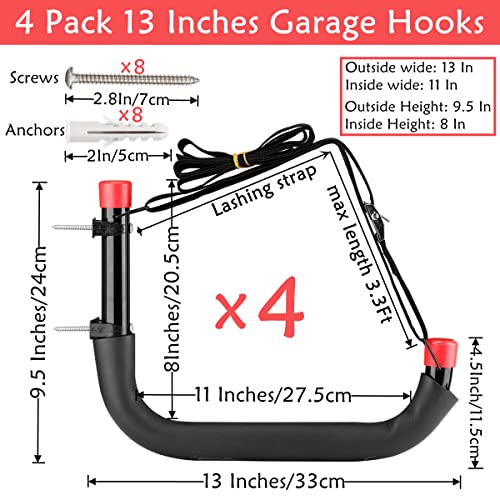 Heavy Duty Garage Storage Hooks, 13 Inch Arm Large Wall Mount Hanger with EVA Protector, Garage Racks & Organizer for Ladders, Folding Chairs, Kayak, Surfboard, Garden Tool - size: 13in-4 Pack
