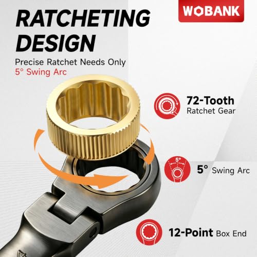 22-Piece Ratcheting Wrench Set, Flex Head Combination Wrenches Set with Organizer Box, Metric 8-19mm and SAE 1/4" to 3/4" Size, 12 Points 72-Teeth, Nickel Plating - size: Flex-head