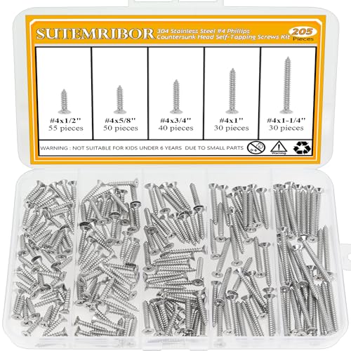 205 Pieces #4 x 1/2" 5/8" 3/4" 1" 1-1/4" Wood Screws Set, Phillips Countersunk Head #4 Self-Tapping Screws Assortment Kit, 304 Stainless Steel - size: #4, style: Phillips Countersunk Head