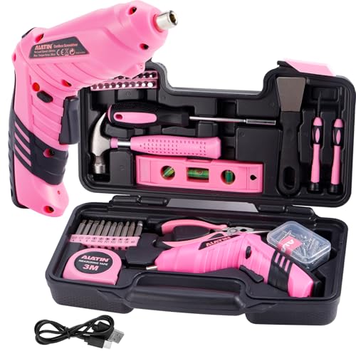 Pink Tool Set for Women, 136 PCS Household Tool Kit with 3.6V USB Electric Screwdriver, Cordless Lithium-ion Drill Driver, Home Improvement Hand Tools for DIY Projects