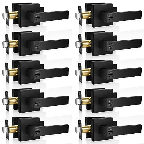 Privacy Door Lever, 10 Pack Matte Black Door Handle, Keyless Interior Door Knob with Lock for Bedroom Bathroom, Heavy Duty Square Door Lock, Reversible for Left Right Handled Doors