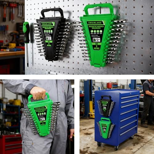 2-Piece Magnetic Wrench Organizer, Metric & SAE Portable Plastic Wrench Holder, 24-Slot Total, Foldable Carrying Handle for Wall-Mounted, Easy-Open Lock Cover, Wrenches Storage Rack Tool for Tool Box - style: 2PCS Green&Black