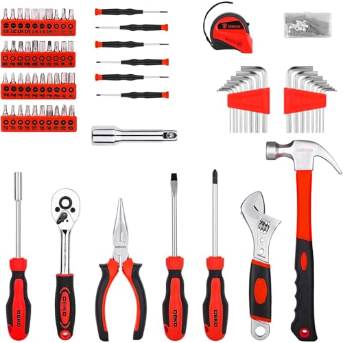 DEKOPRO Tool Set:158 Piece Home Tool Kit, Household Basic Repair Tool Set Comes with Plastic Storage Case-Red - color: Red