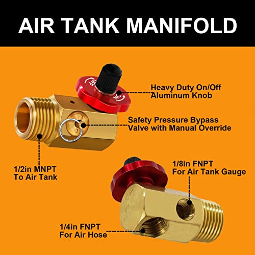 12Pc Air Tank Repair Kit, SUNROAD Air Tank Hose Assembly Kit Come with Pressure Gauge, Air Hose Connect, Aluminum Knob Air Tank Manifold,Reuseable Cable Tie,Valve Core Tool and Valve Cores