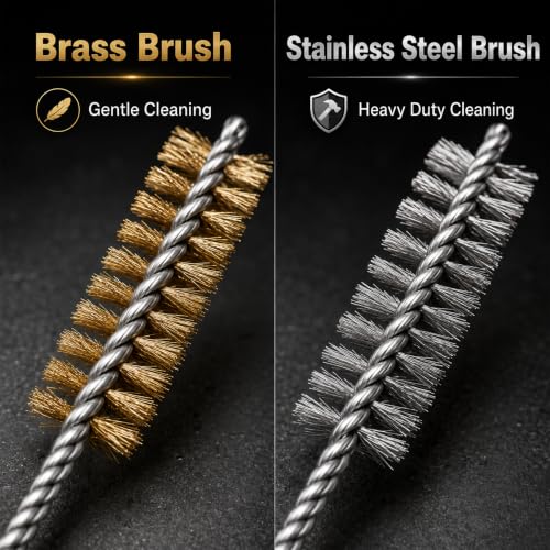 14PCS Tube Cleaning Brush Set, 7 Brass & 7 Stainless Steel Wire Brushes, 12-Inch Long Pipe Cleaner Kit, 7 Sizes Round Bore Brushes for Fuel Lines, Auto and Engine Parts