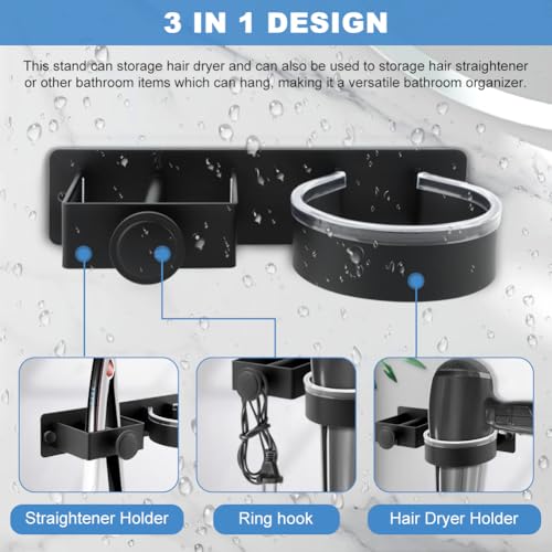 CALIDAKA Hair Dryer Holder Wall Mounted, Hair Dryer and Straightener Holder, Hair Tool Organizer for Bathroom, Suitable for Most of Hair Dryers(COLOR:black)