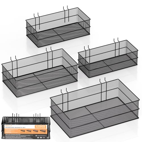 INCLY 4 Pack Upgrade Pegboard Baskets, 4 Sizes Square Metal Mesh Basket - color: Black