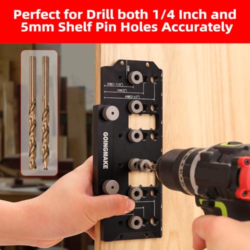 GOINGMAKE Shelf Pin Jig 1/4" and 5mm, Spliceable All Metal Cabinet Hardware Shelf Pin Drilling Jig, Woodworking Drill Guide for Straight Holes for Wobble-Free Shelves