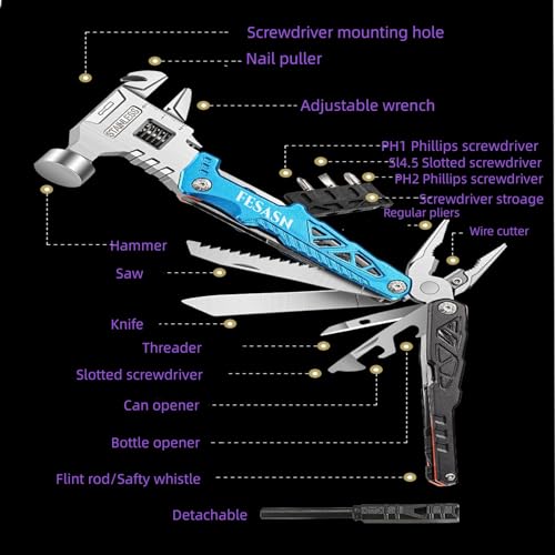 Upgraded Adjustable Wrench Multitool Hammer, 18 in 1 | Pocket Multi Tool Pliers, All-in-One Survival Tool, Camping, Everyday Use - style: Upgraded Wrench