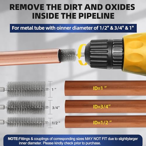 1/2",3/4" & 1" Copper Pipe Cleaner for Drill w/ID Brushes & Brush Blades | Complete Kit:1/2",3/4",1in copper pipe cleaners + 3 ID wire bore brushes(/2",3/4",1in) + 6 stainless blades(3 pre-installed)