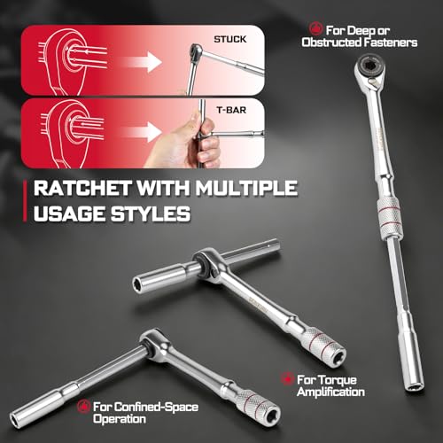 Geinxurn 60Pcs Mini T-Handle Ratchet Wrench Set, 72-Tooth Reversible Ratchet with Extension Bar,1/4" Socket Adapter, and 1”Impact (Phillips/Torx/Hex) Screwdriver Bit Stored in Coded Base for Repair - size: 60pcs-Storage