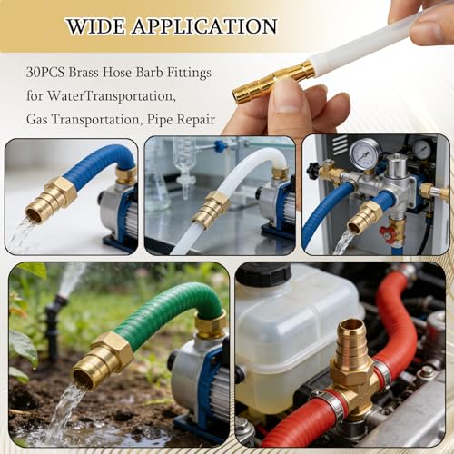 30PCS Brass Hose Barb Fittings, Barb Fitting Metals Splicer Mender, Barbs Splicer Mender Hose Fittings with 60Pcs Stainless Steel Pipe Hose Clamps for Air/Fuel/Water/Oil Hose