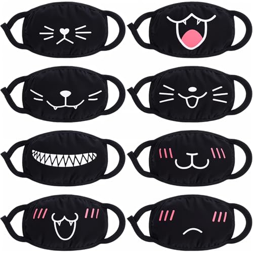 Cute Cat Face Mask, Kawaii Cotton Mouth Masks Reusable Washable Face Mask Anti-Dust Anime Masks for Women Men - color: Black 8pcs