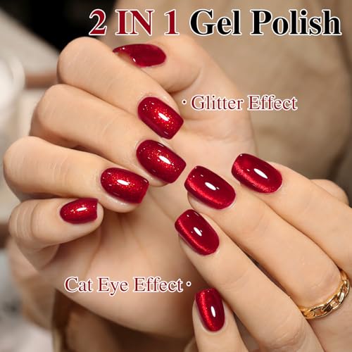 Double Rhythm Jelly Glass Cat Eye Gel Polish with Magnet 15ML Holographic Glitter Shimmer Translucent Sheer Color Magnetic Nail Polish Salon DIY at Home (Blood Red-MC1107) - color: Jelly Blood Red