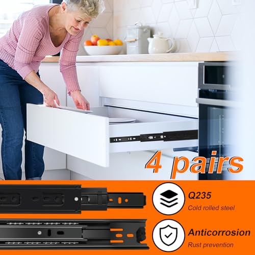 18 inch Drawer Slides 4 Pairs (8pcs) 3 fold Full Extension Side Mount Cabinet Drawer Glides 18" Black Cabinet Rails for Dresser, Cabinet, Kitchen,Trash Can, Wardrobe 100 LB Capacity - size: 18 Inch