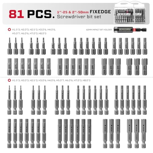 Geinxurn 81Pieces Fixedge Screwdriver Bit Set,1”/ 2” Hex Magnetic Alloy Steel Insert Power Bits Tips(1.5-8.0) with Impact Bit Holder and Portable Storage Cases for Home Repair - size: MIX-81