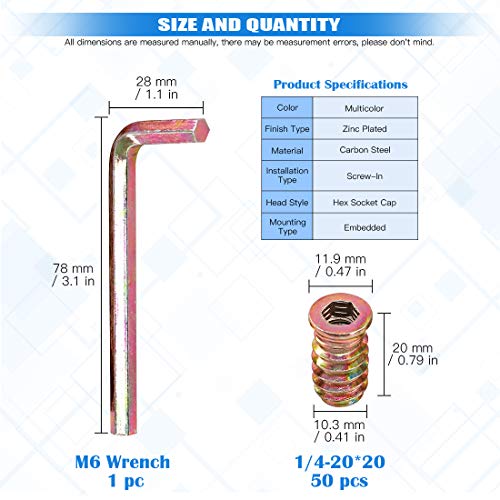 Glarks 50Pcs 1/4"-20x20mm Threaded Inserts Nuts Zinc Plated Carbon Steel Hex Socket Drive Furniture Flanged Screw-in Nut with M6 Hex Wrench for Wood Furniture (1/4"-20 x 20mm) - size: 1/4"-20 x 20mm