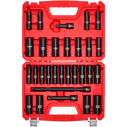 VEVOR 1/2" Drive Impact Socket Set, 29-Piece Deep Sockets - size: 1/2" 29PCS Deep