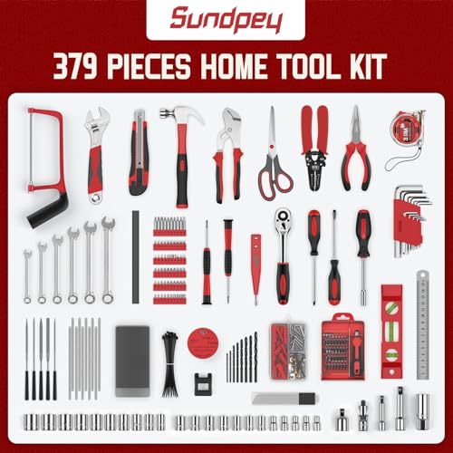 Sundpey 379 Pcs Portable Complete Home and Auto Tool Kit with Drawer Red - color: Red