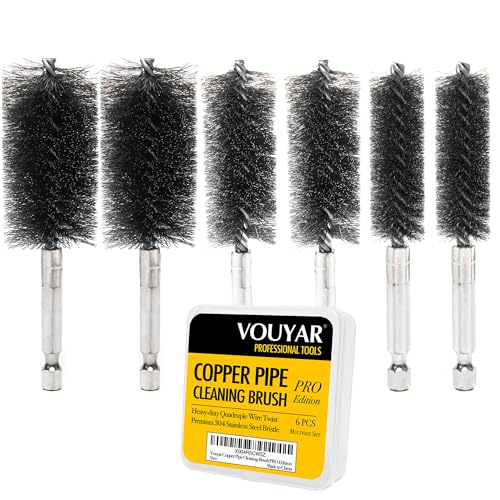 Quadruple Wire Twist Professional ID Copper Tube Pipe Cleaner for Fittings 6pcs, 1/2" 3/4" 1" Pipe Cleaning Brush Set, Stainless Steel Wire Bore Brushes for Power Drill, 1/4 Inch Hex Shank - style: 6-Piece Set