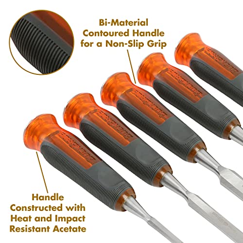 Buck Bros. 74850 5-Pc Wood Chisel Set, Full Tang Wood Chisel Sets, Woodworking Tools for Carpentry, Trim, and DIY Projects, Beveled Edge Chisels, Hardened Steel Blades, Non-Slip Handles, Storage Case - size: 5-Piece Set