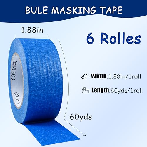 COSIMIXO Blue Painters Tape 1.88 in x 60 Yds, 6 Rolls Pack – Professional Grade Blue Masking Tape for Painting, Protects Surfaces & Residue-Free Removal, Multi-Surface Use on Wall Painting, Labeling - size: Blue 1.88 in x 60 yds 6-Pack