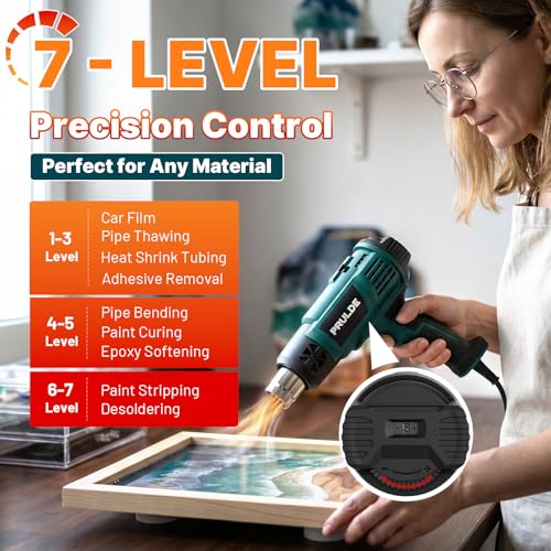 Heat Gun - PRULDE Dual Protection Fuses 1500W Heavy Duty Fast Heat Hot Air Gun with 122℉ to 1202℉ Dual-Temperature Settings and 4 Nozzles with Overheat Protection for Crafts, Vinyl Wrap, Shrink Tubing