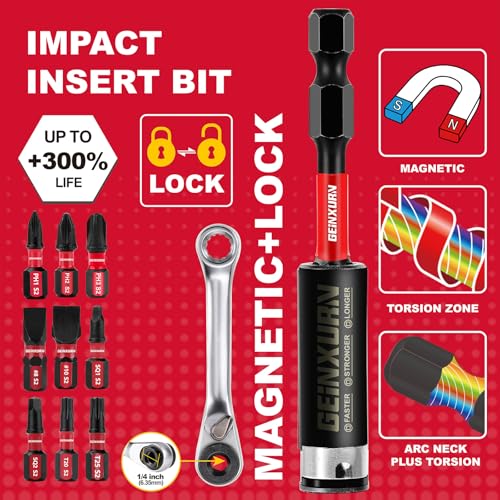 GEINXURN Screwdriver Bit Set with PH1/PH2/PH3/SQ1/SQ2/T20/T25/SL8/SL10 and 1Pcs Impact Bit Holder, 60Pieces Impact Rate Insert Driver Bit Set - size: MIXED-60PC