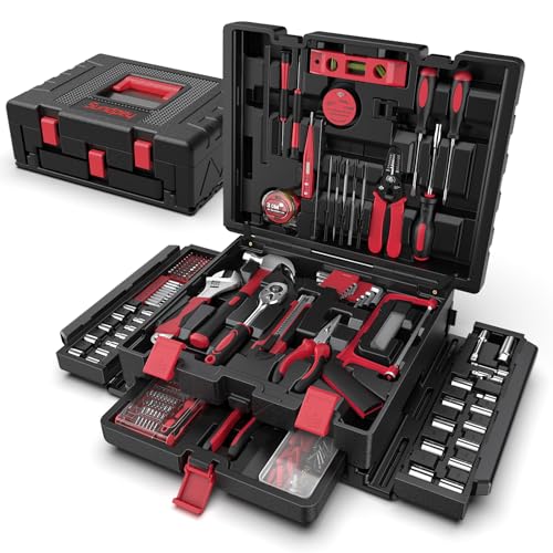 Sundpey 379 Pcs Portable Complete Home and Auto Tool Kit with Drawer Red - color: Red