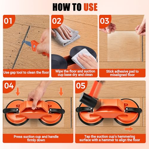 Floor Gap Fixer Tool: Flooring Repair Tool with 45° Striking Surface & Dual Suction Cups for Laminate & Vinyl Plank Floors Gap Puller Kit with Rubber Mallet, 8 Reusable Sticky Pads & Scraper