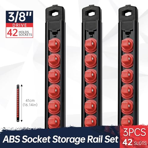 Reniteco Magnetic Socket Organizer, 3-Piece 3/8-Inch Drive ABS Sockets Rail, Heavy Duty Sockets Holder, Socket Rack Kit 3/8-Inch x 42 Clips - color: Red, size: 3 Pcs 3/8" DR