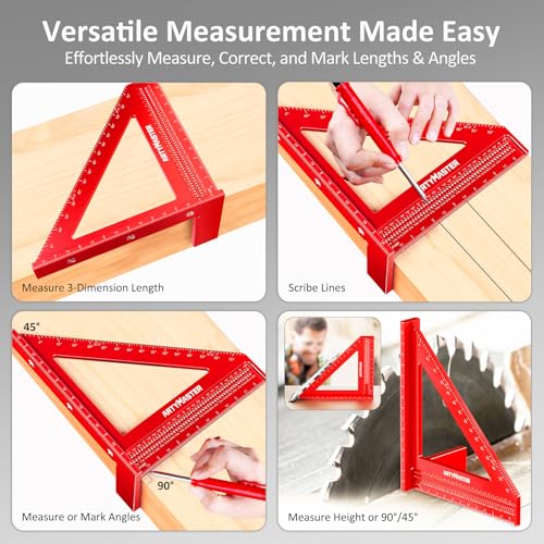 8 inch 3D Multi-Angle Measuring Square Ruler, WT103B High Precision Hole Scribing Woodworking Tools, 0-90° Aluminum Alloy Carpenter Square Wood Working Tools, Carpenter Pencils 6 Refills. - color: 8 inch Square+Pencil, style: Imperial