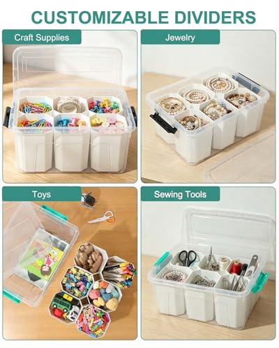 EOENVIVS Clear Storage Boxes with 6 Tall Inserts, Large Plastic Organizer Box with Lid and Handles, 15.94x11.61x7.28 Inches, Multi-Functional Container for Cosmetics, Toys, School Supplies - color: Clear+Light Green