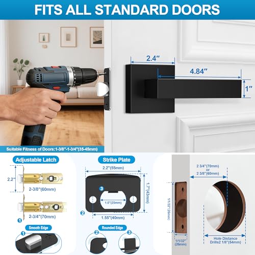 Plustool 10 Pack Matte Black Door Handles Interior, Passage Door Knobs Closet Door Levers for Hallway, Heavy Duty Square Doorknob Non-Locking Handlesets for Left & Right Sided Doors