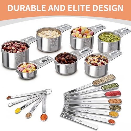 EWFEN Measuring Cups and Spoons Set, 7 Stainless Steel Nesting Measuring Cups & 7 Spoons, 5 Mini Measuring Spoons &1 Leveler, Kitchen Gadgets for Cooking & Baking, Square - color: Square Spoons