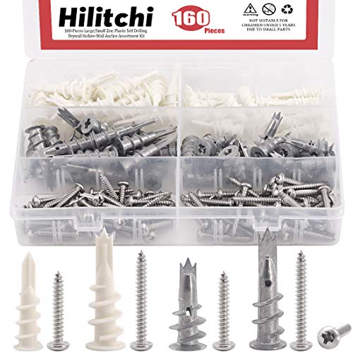 Hilitchi 160-Pieces Large/Small Zinc Plastic Self Drilling Drywall Hollow-Wall Anchor Assortment Kit