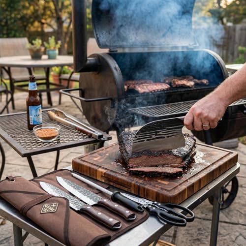 KOFERY Damascus Butcher Knife Set for Pit Master & Brisket Carving - color: Dark-Red