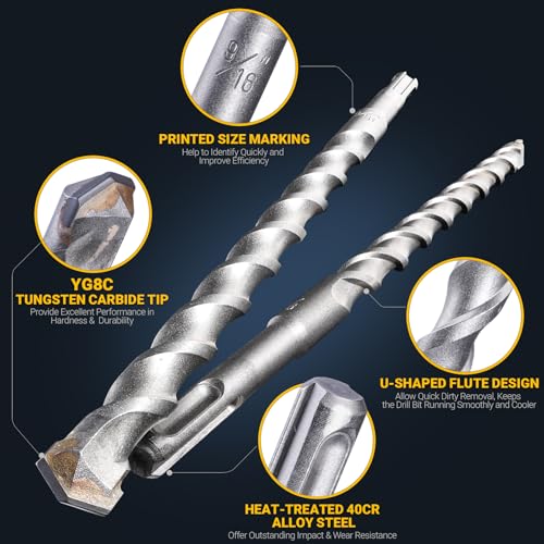 TGFTGF 17-Piece SDS Plus Rotary Hammer Drill Bits and Chisel Set, YG8C Carbide Tips, SDS Plus Bits, Masonry Drill Bit Set for Concrete, Brick and Stone, with Storage Case, Ideal Tool for DIY, Home - size: 17PCS