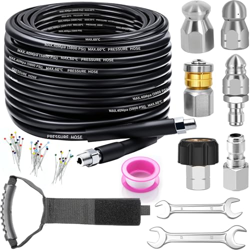 100FT Sewer Jetter Kit for Pressure Washer, 5800PSI Drain Cleaner Hose - color: Black -100FT hose