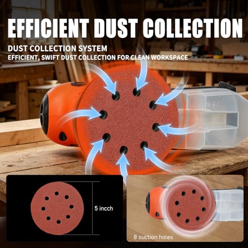 5-inch Orbital Sander, Random Orbit Sander With 6 Variable Speeds, 12pcs Sandpapers, Dust Collection For Woodworking And Sanding